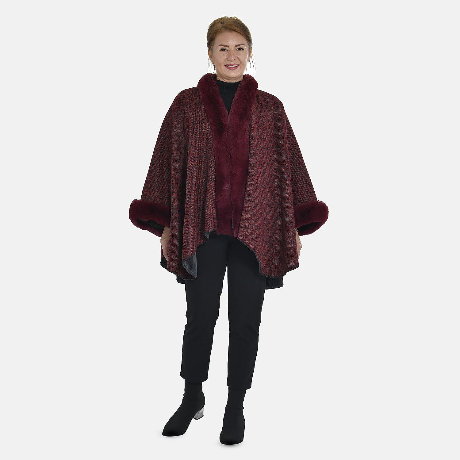TAMSY - Double Layer Knit Faux Fur Kimono - Burgundy