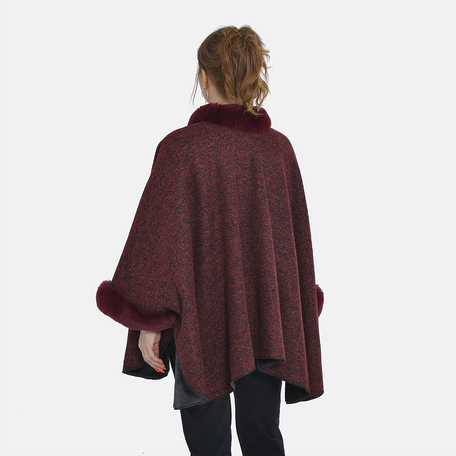 TAMSY - Double Layer Knit Faux Fur Kimono - Burgundy