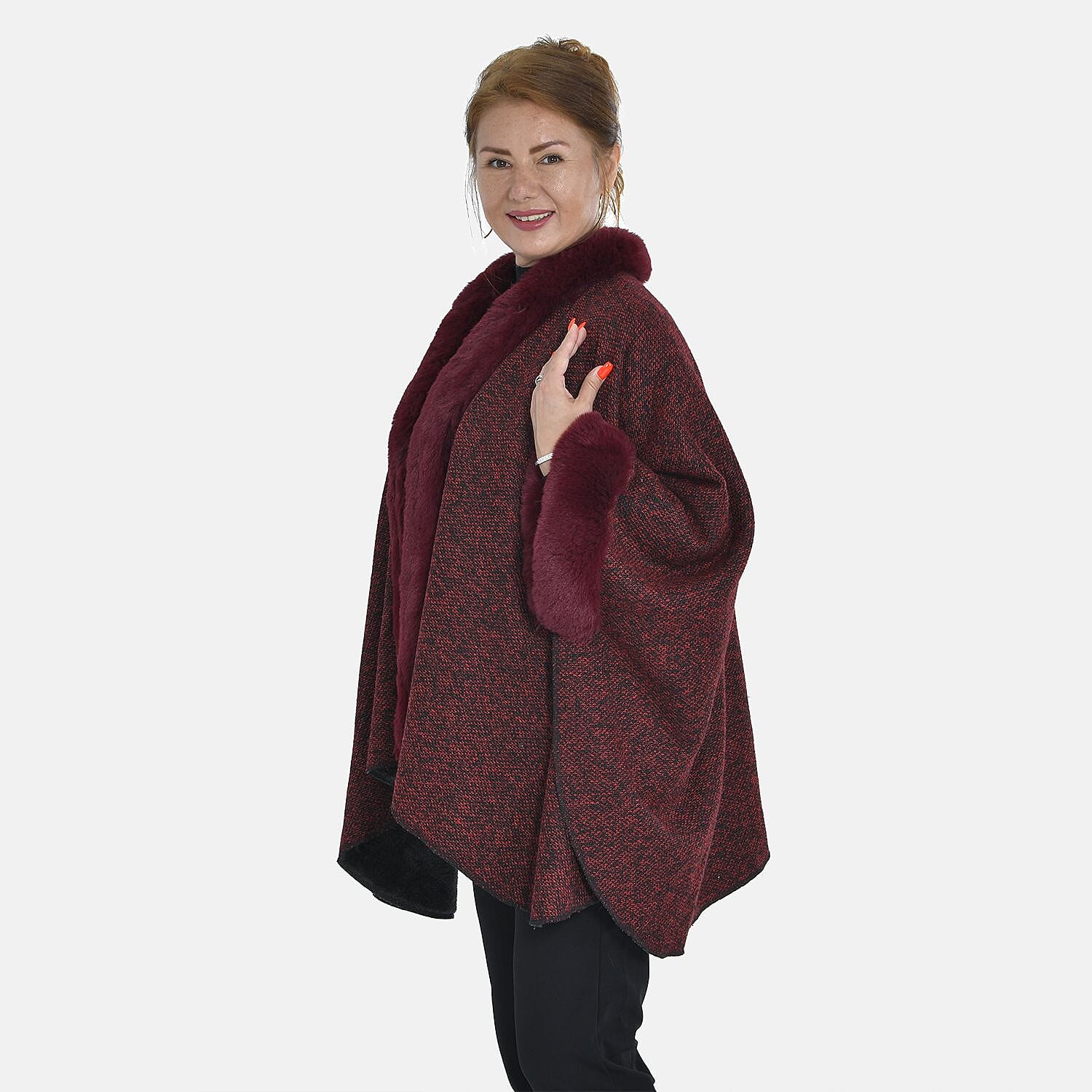 TAMSY - Double Layer Knit Faux Fur Kimono - Burgundy
