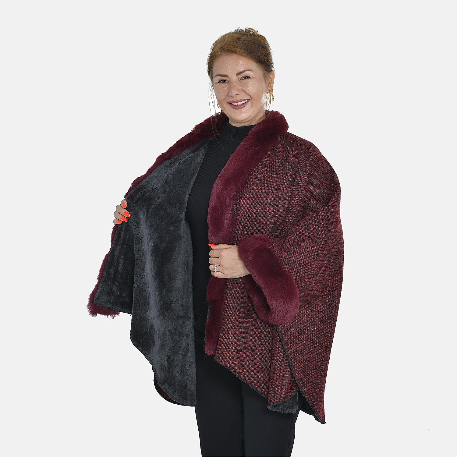 TAMSY - Double Layer Knit Faux Fur Kimono - Burgundy
