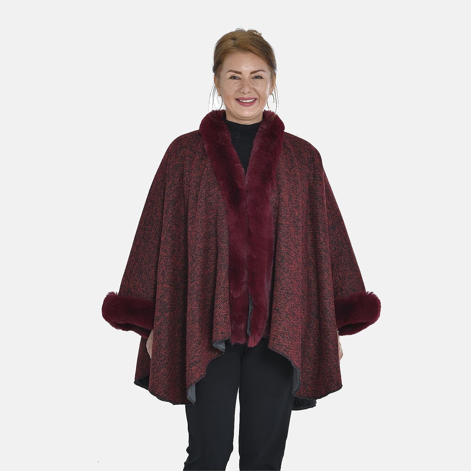 TAMSY - Double Layer Knit Faux Fur Kimono - Burgundy