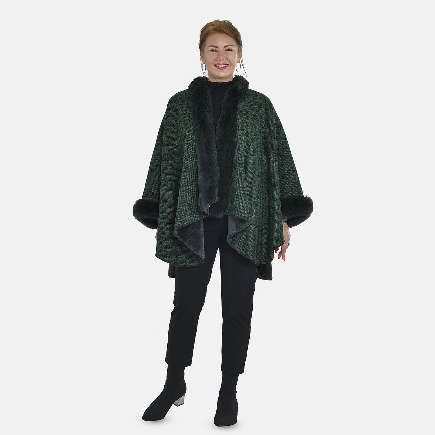 TAMSY - Double Layer Knit Faux Fur Kimono - Dark Green