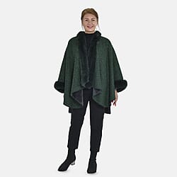 Tamsy Double Knit Faux Fur Kimono - Dark Green