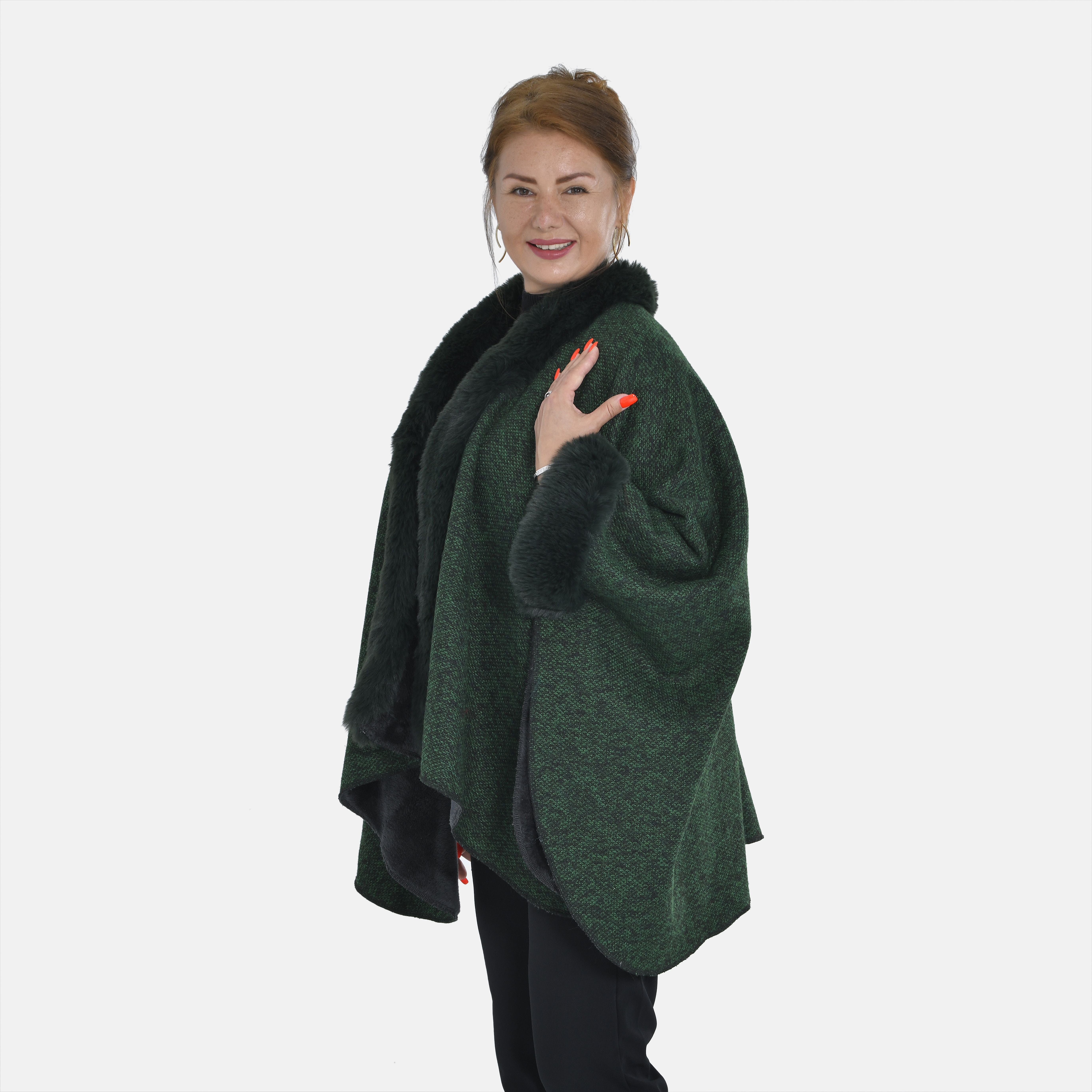 TAMSY - Double Layer Knit Faux Fur Kimono - Dark Green