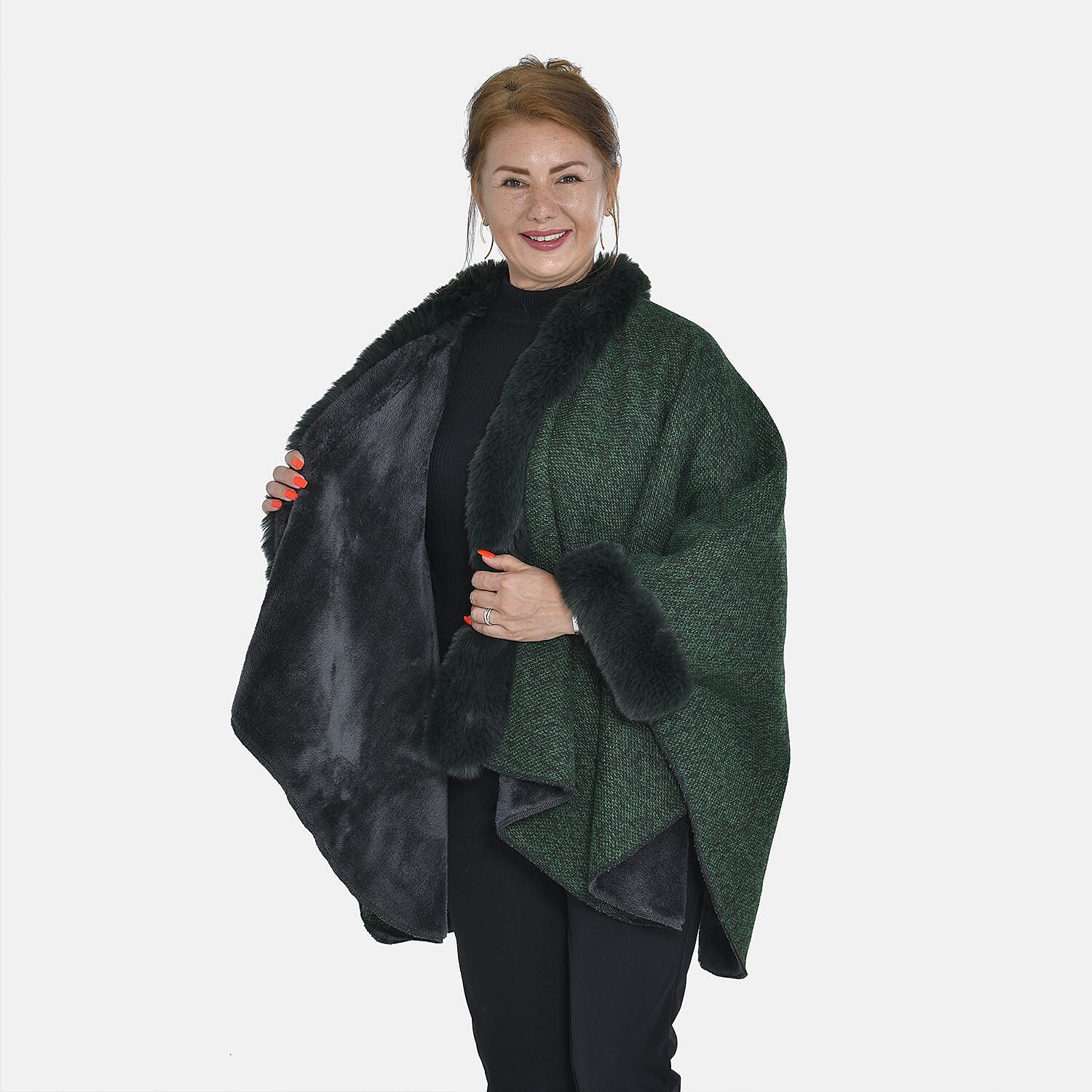 TAMSY - Double Layer Knit Faux Fur Kimono - Dark Green