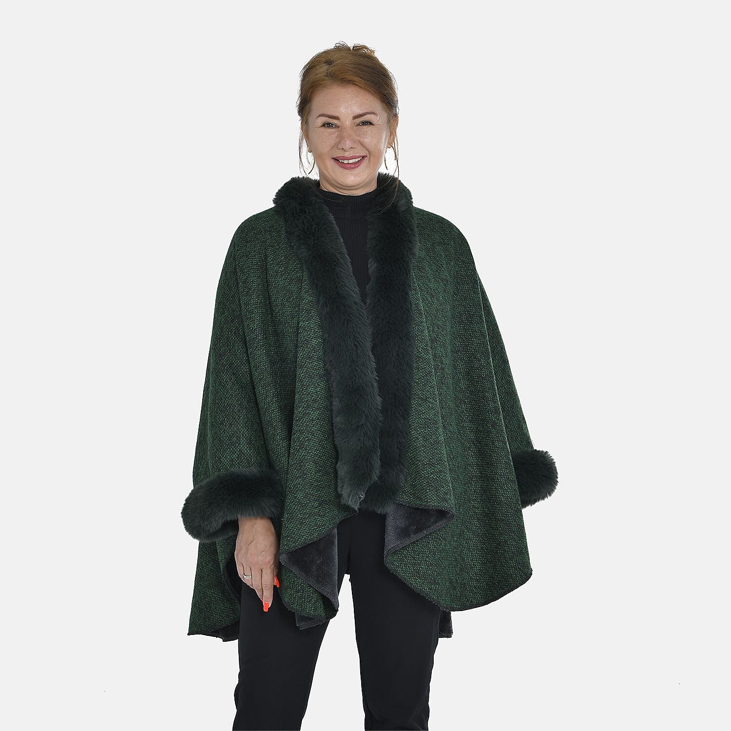TAMSY - Double Layer Knit Faux Fur Kimono - Dark Green