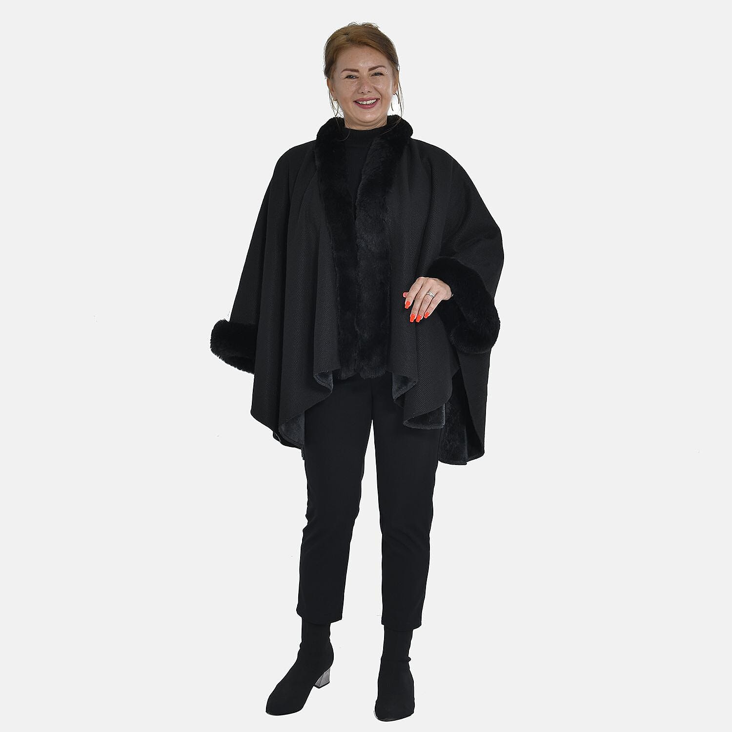 Tamsy Pattern Faux Fur Double Knit Kimono (Size 142x73 Cm) - Black