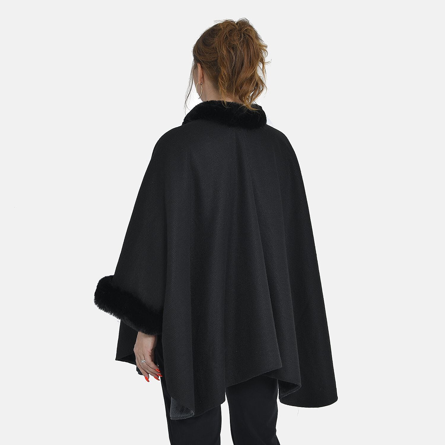 Tamsy Pattern Faux Fur Double Knit Kimono (Size 142x73 Cm) - Black