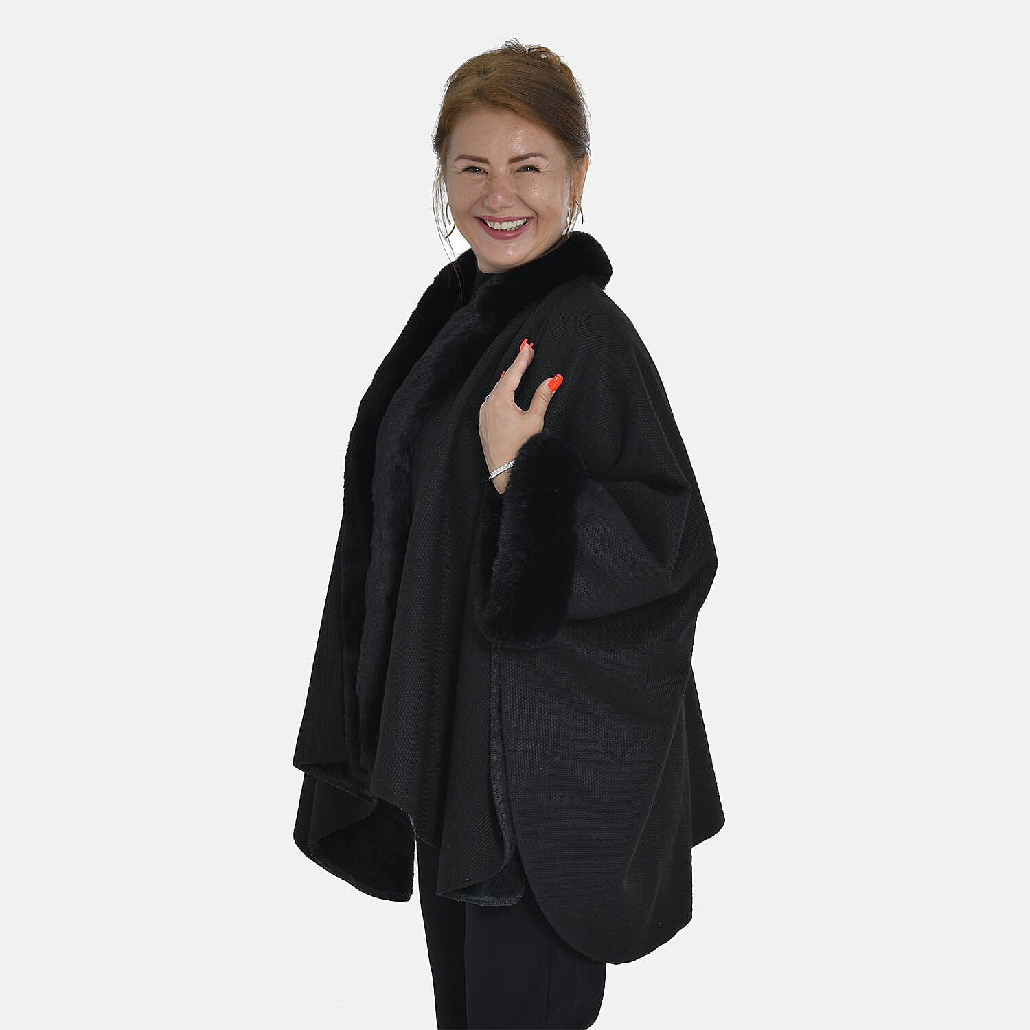 Tamsy Pattern Faux Fur Double Knit Kimono (Size 142x73 Cm) - Black