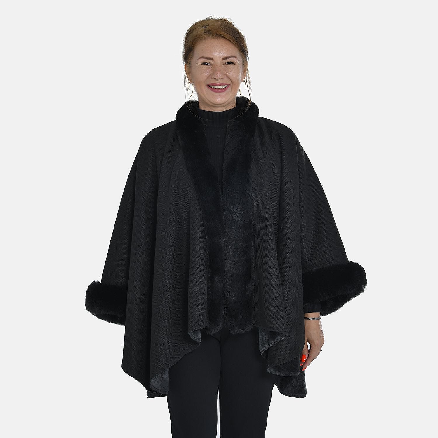 Tamsy Pattern Faux Fur Double Knit Kimono (Size 142x73 Cm) - Black