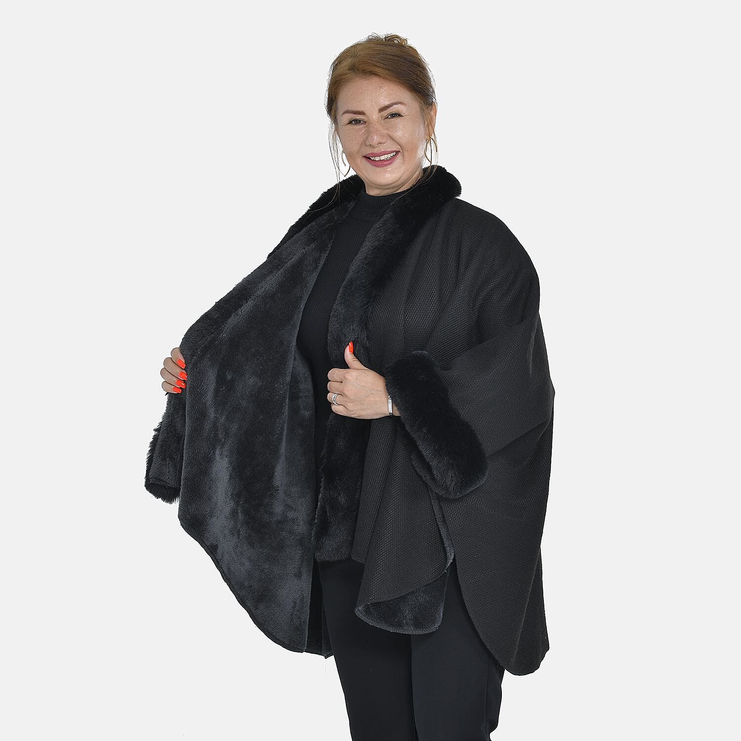 Tamsy Pattern Faux Fur Double Knit Kimono (Size 142x73 Cm) - Black