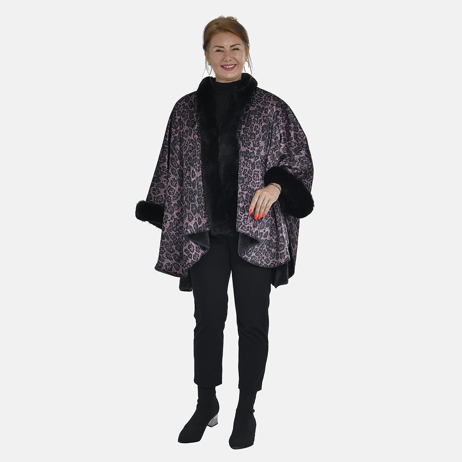 Tamsy Leopard Pattern Faux Fur Double Knit Shawl (Size 142x73 Cm) - Dark Brown