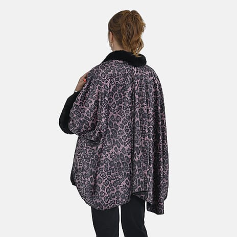 Tamsy Leopard Pattern Faux Fur Double Knit Shawl (Size 142x73 Cm) - Dark Brown