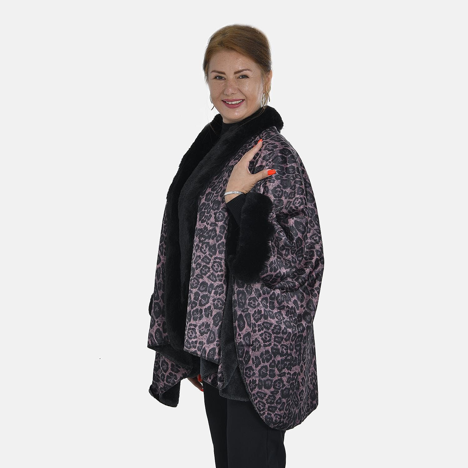 Tamsy Leopard Pattern Faux Fur Double Knit Shawl (Size 142x73 Cm) - Dark Brown