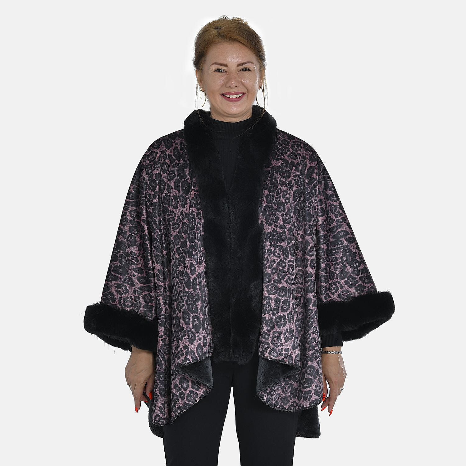 Tamsy Leopard Pattern Faux Fur Double Knit Shawl (Size 142x73 Cm) - Dark Brown