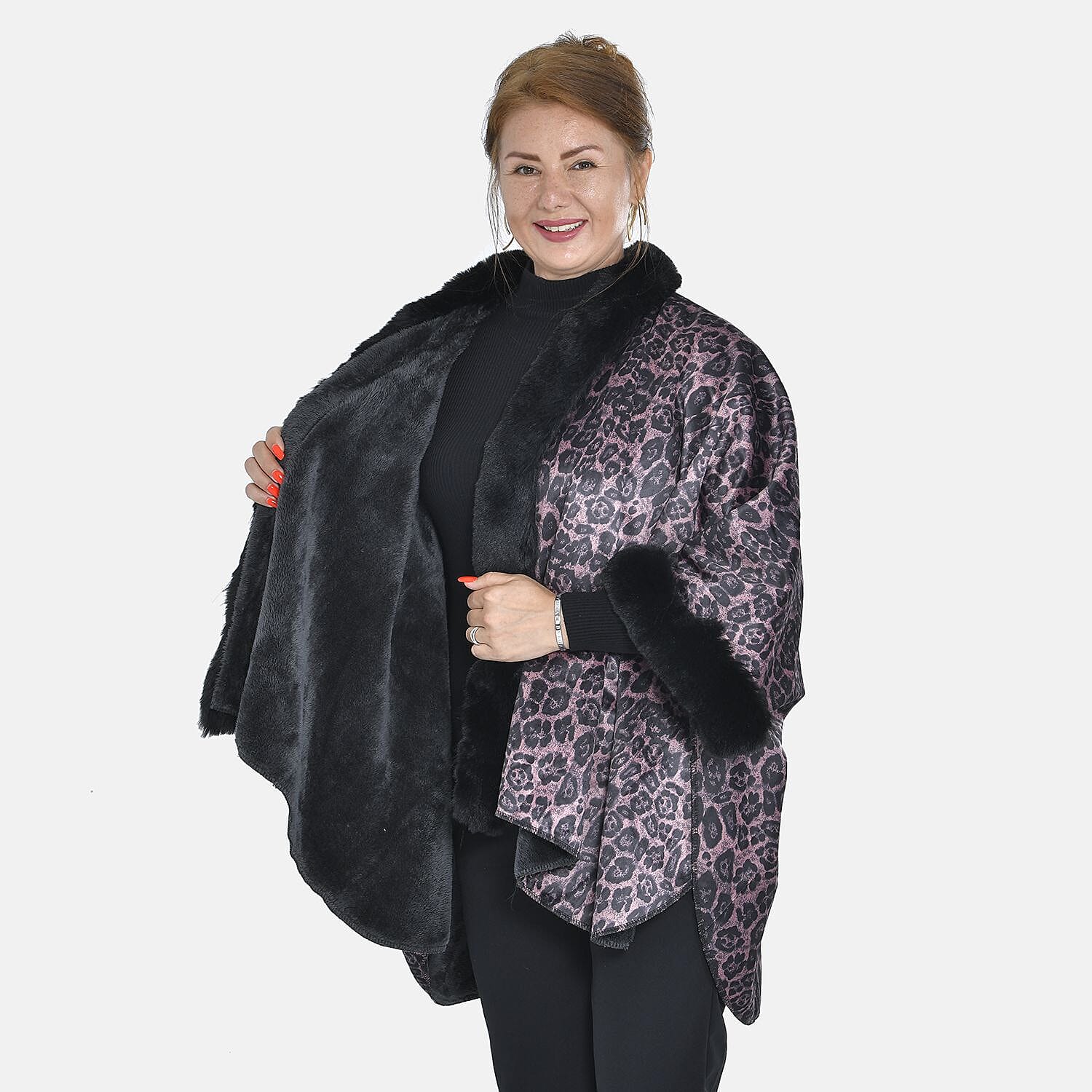 Tamsy Leopard Pattern Faux Fur Double Knit Shawl (Size 142x73 Cm) - Dark Brown
