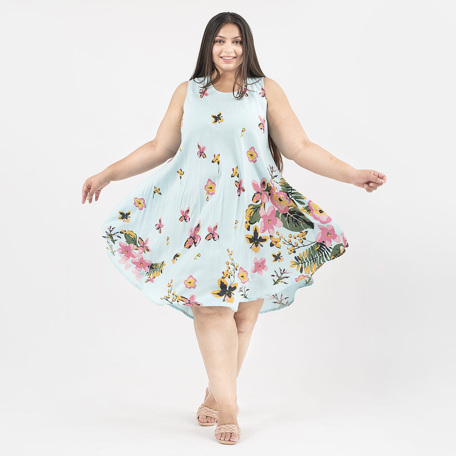 TAMSY Viscose Floral Screen Printed Umbrella Dress - Sky Blue