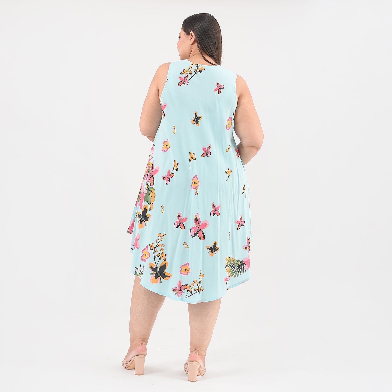 TAMSY Viscose Floral Screen Printed Umbrella Dress - Sky Blue