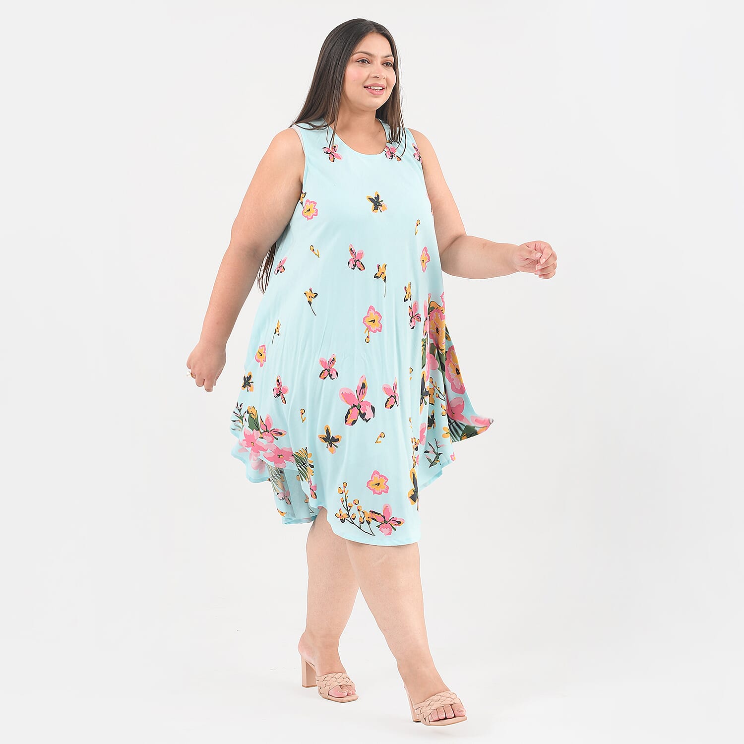 TAMSY Viscose Floral Screen Printed Umbrella Dress - Sky Blue