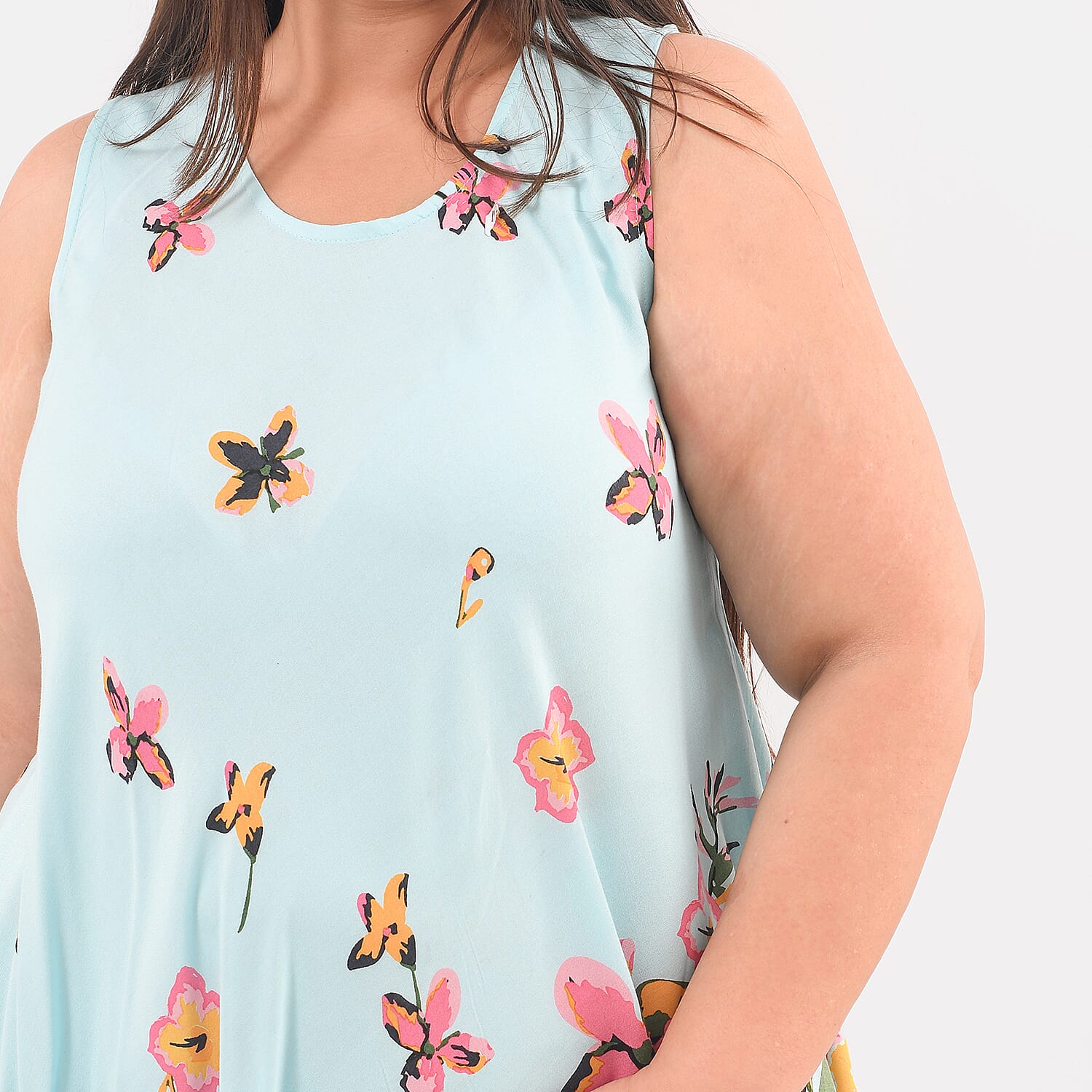 TAMSY Viscose Floral Screen Printed Umbrella Dress - Sky Blue