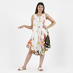 TAMSY Viscose Floral Screen Printed Umbrella Dress - Sky Blue