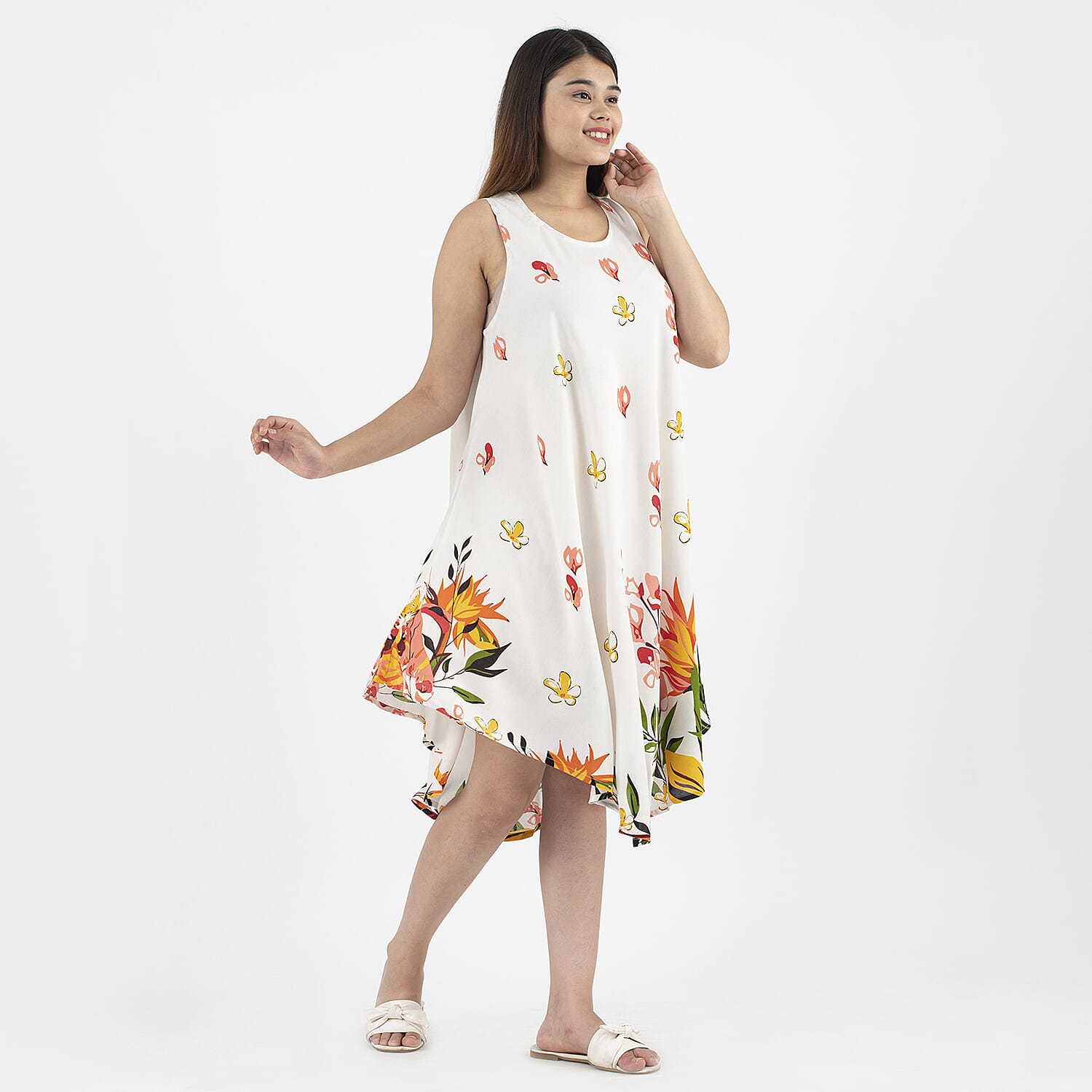 TAMSY 100% Viscose Floral Screen Printed Umbrella Dress (Size - One Size) - White