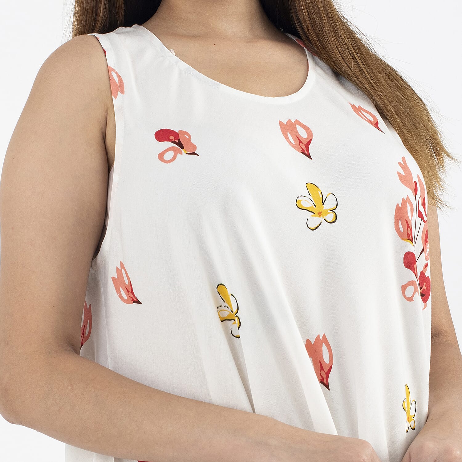 TAMSY 100% Viscose Floral Screen Printed Umbrella Dress (Size - One Size) - White