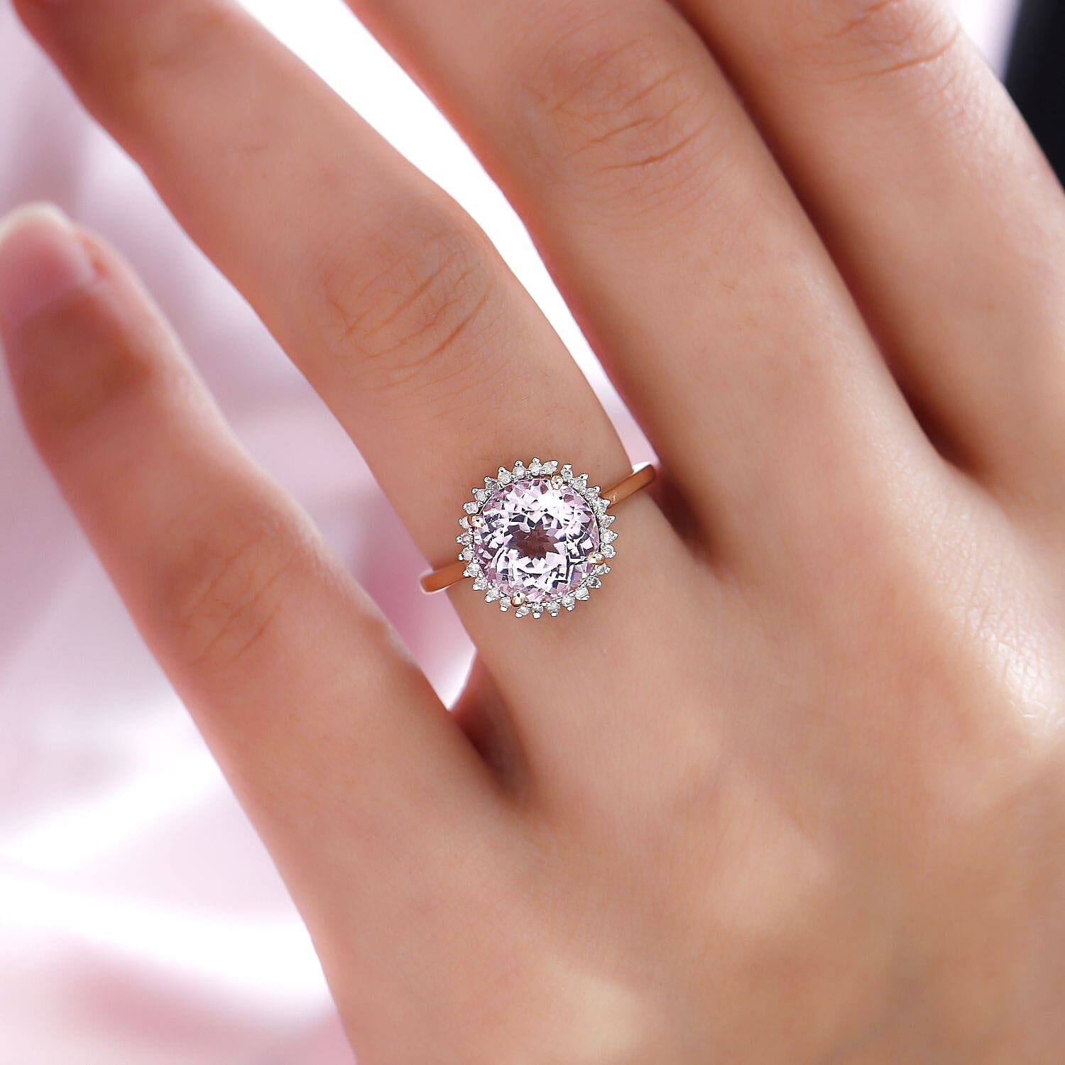 9K Rose Gold Kunzite and Diamond Ring 3.94 Ct.