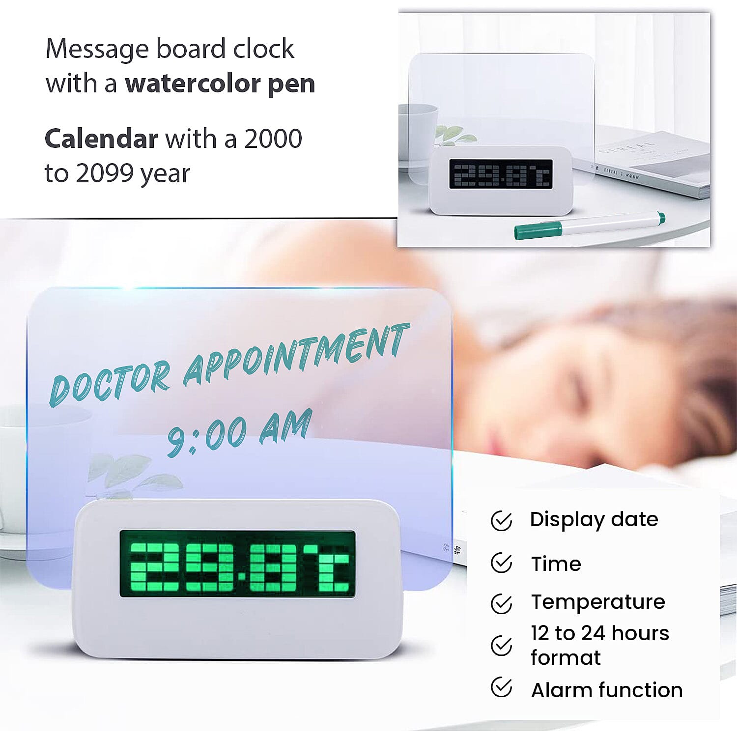 Message Board and Watercolour Pen Digital Alarm Clock with Green Light Display - White