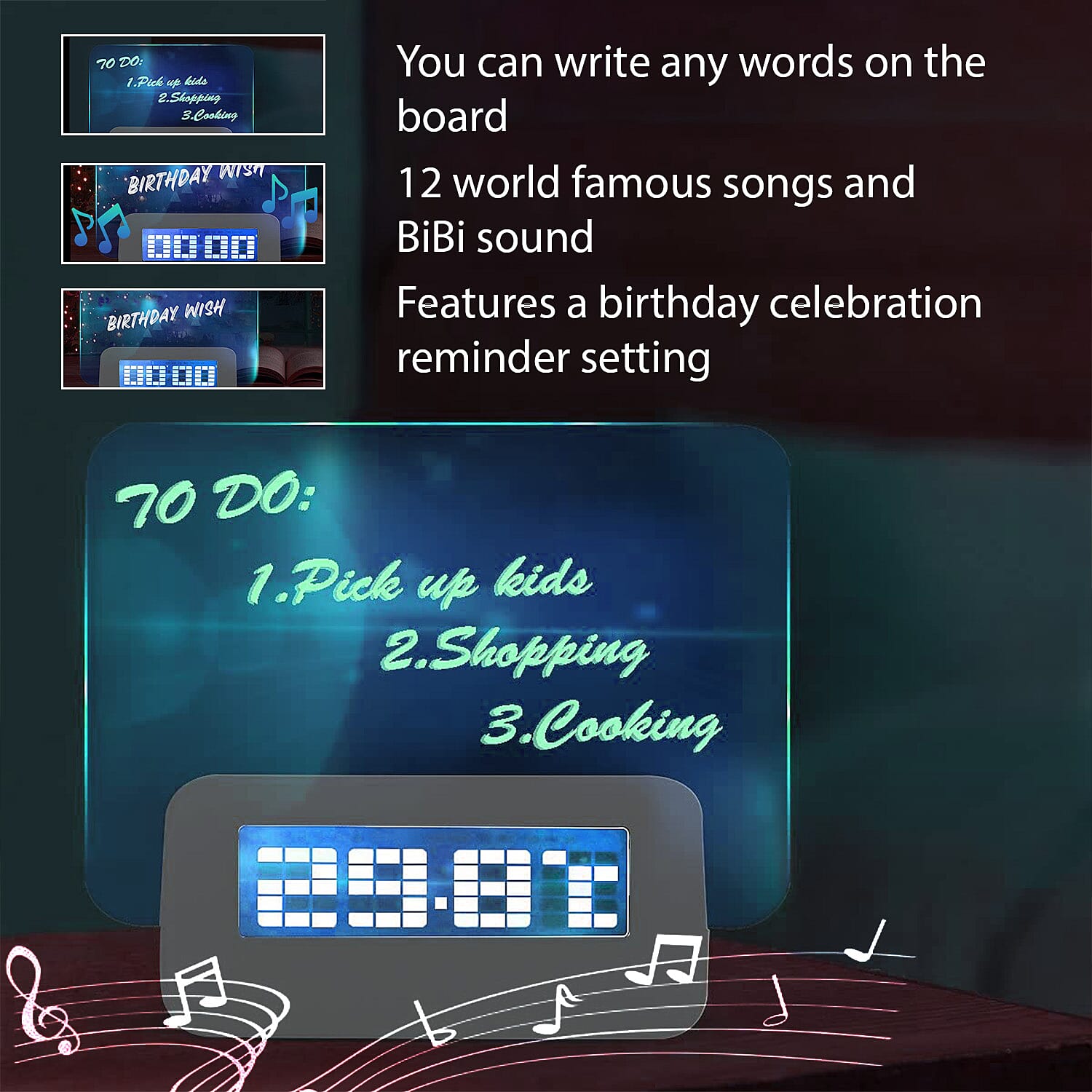 Message Board and Watercolour Pen Digital Alarm Clock with Green Light Display - White