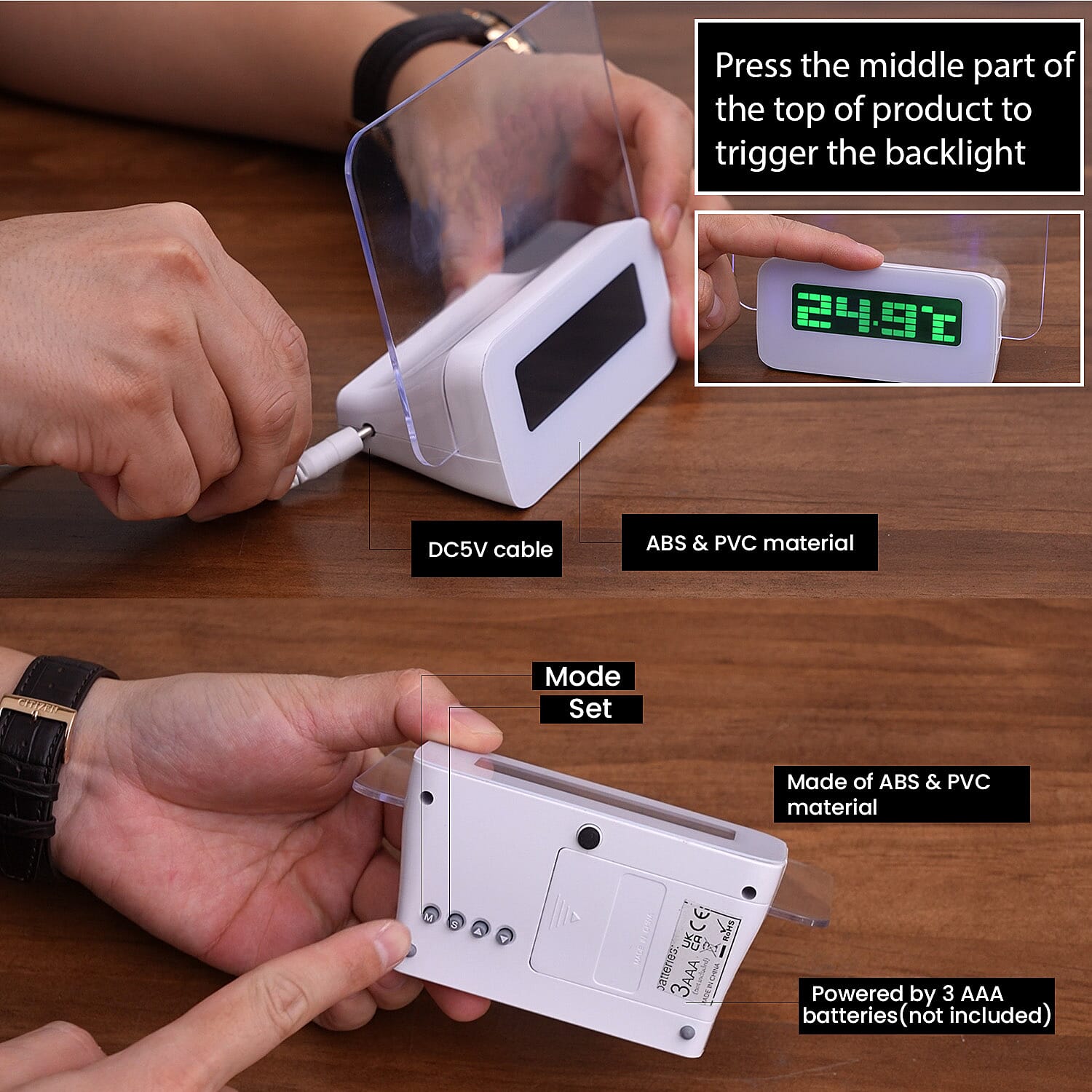 Message Board and Watercolour Pen Digital Alarm Clock with Green Light Display - White