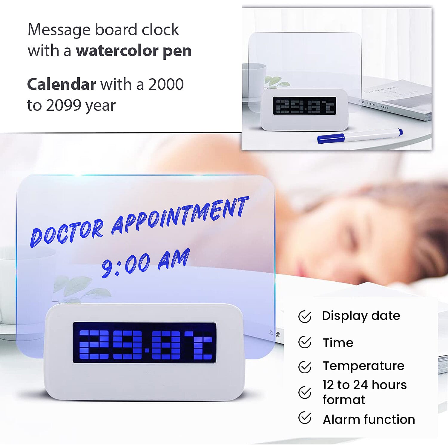 Message Board and Watercolour Pen Digital Alarm Clock - Blue Light