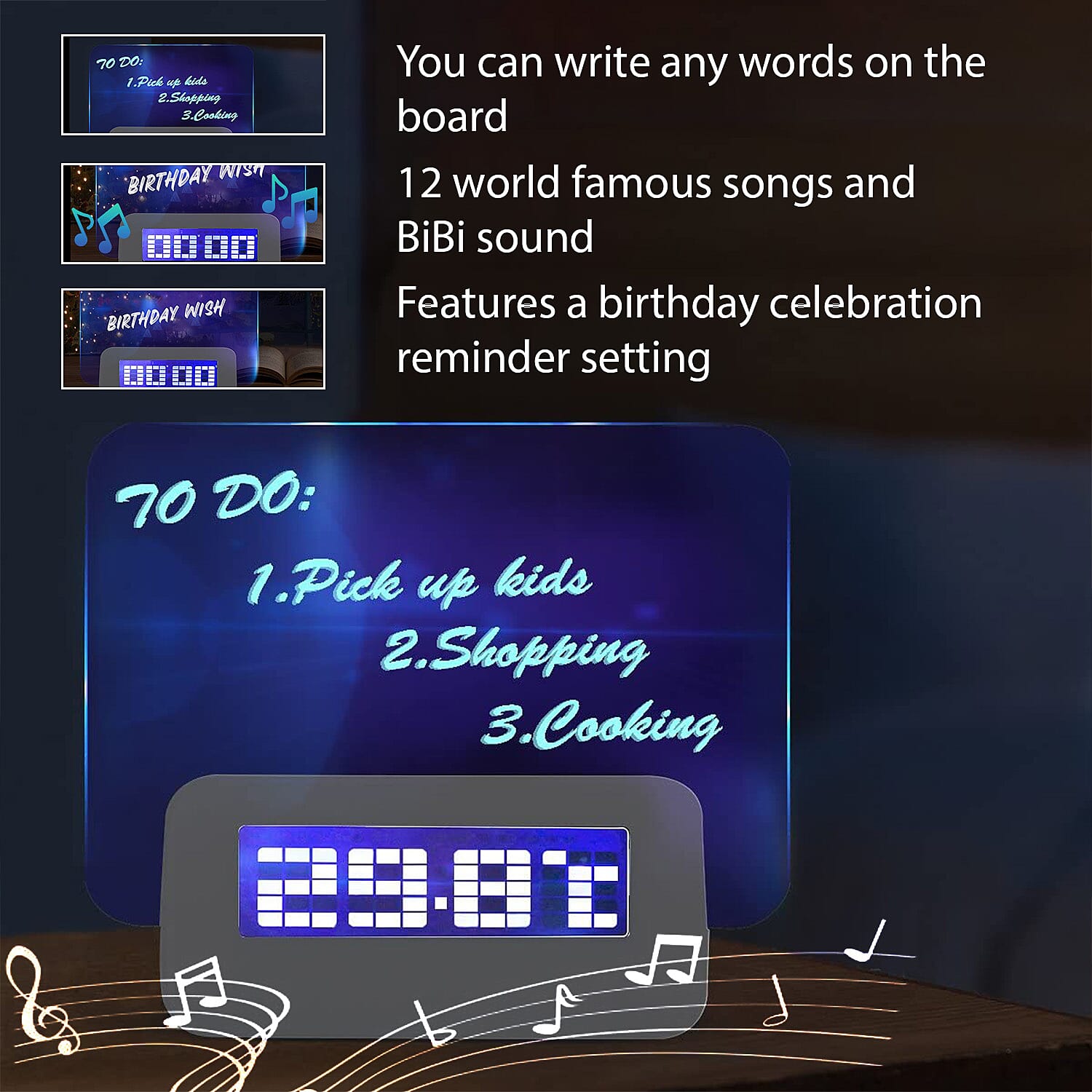 Message Board and Watercolour Pen Digital Alarm Clock - Blue Light