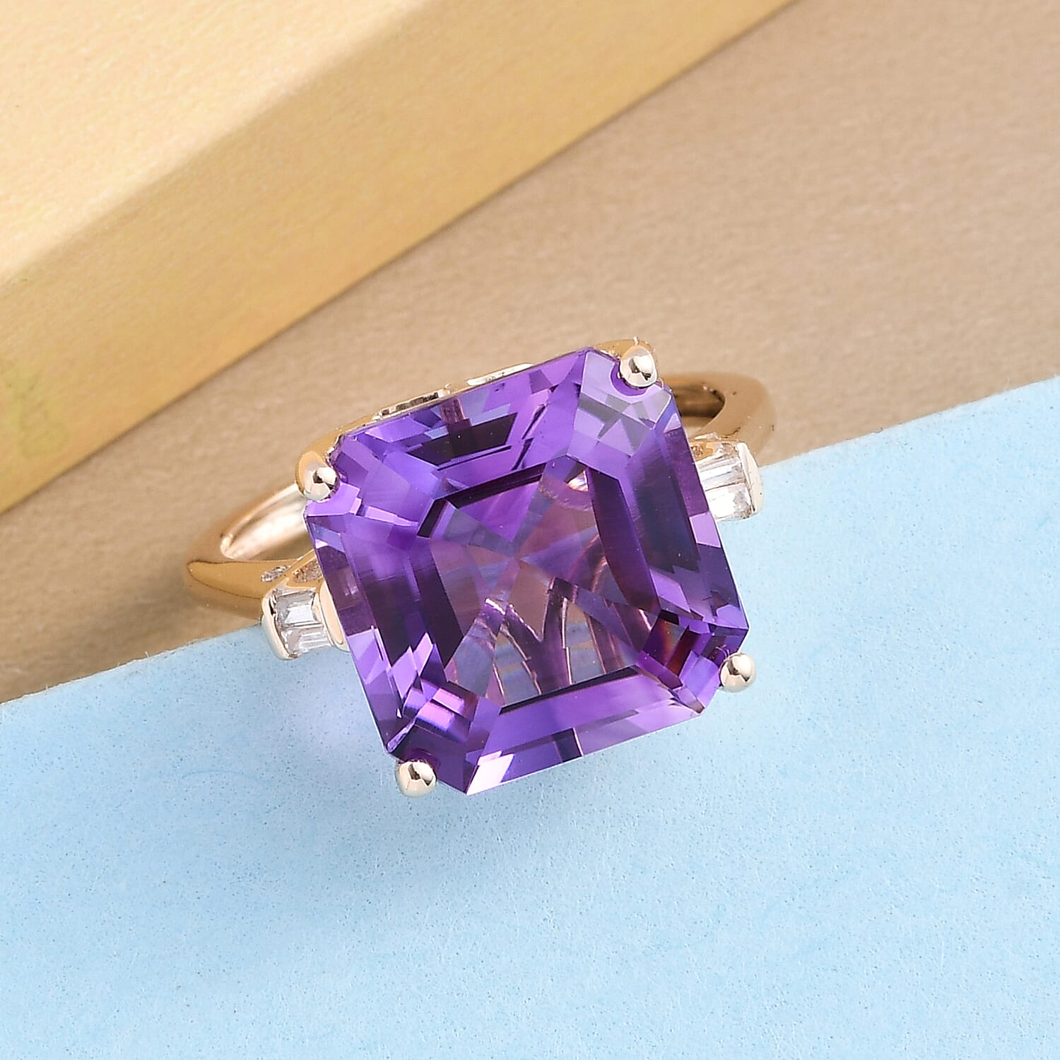 9K Yellow Gold Natural Moroccan Amethyst (Asscher 12x12 mm) and Natural Zircon Ring 7.67 Ct.