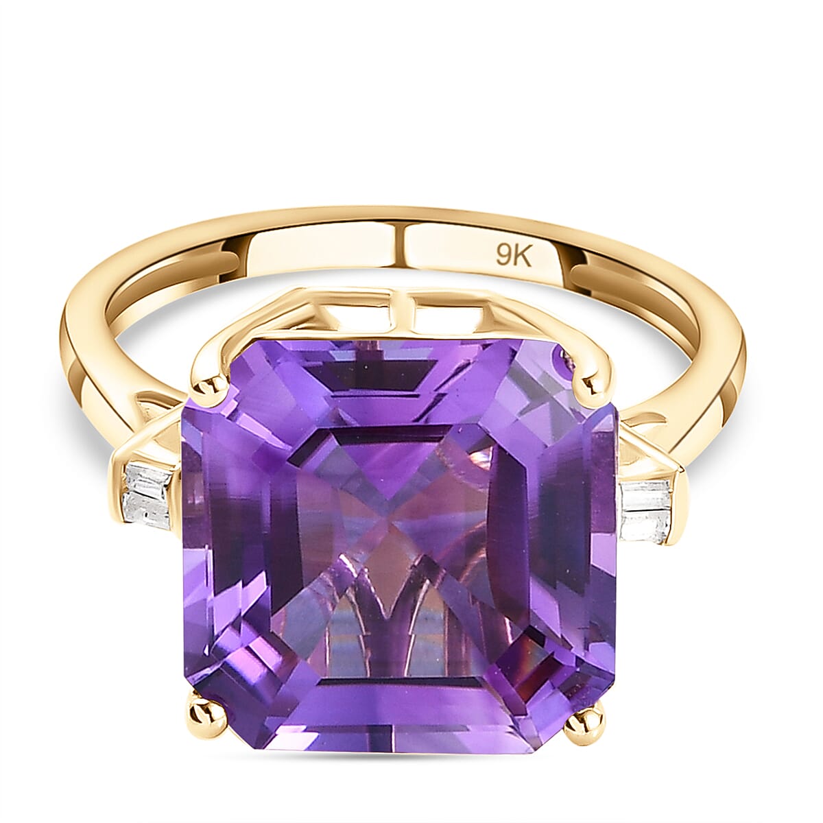 9K Yellow Gold Natural Moroccan Amethyst (Asscher 12x12 mm) and Natural Zircon Ring 7.67 Ct.
