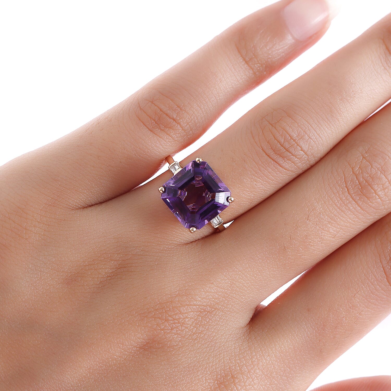 9K Yellow Gold Natural Moroccan Amethyst (Asscher 12x12 mm) and Natural Zircon Ring 7.67 Ct.