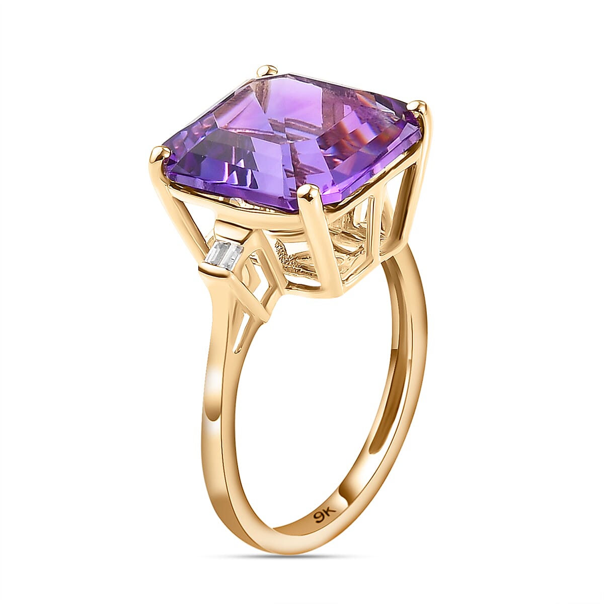 9K Yellow Gold Natural Moroccan Amethyst (Asscher 12x12 mm) and Natural Zircon Ring 7.67 Ct.