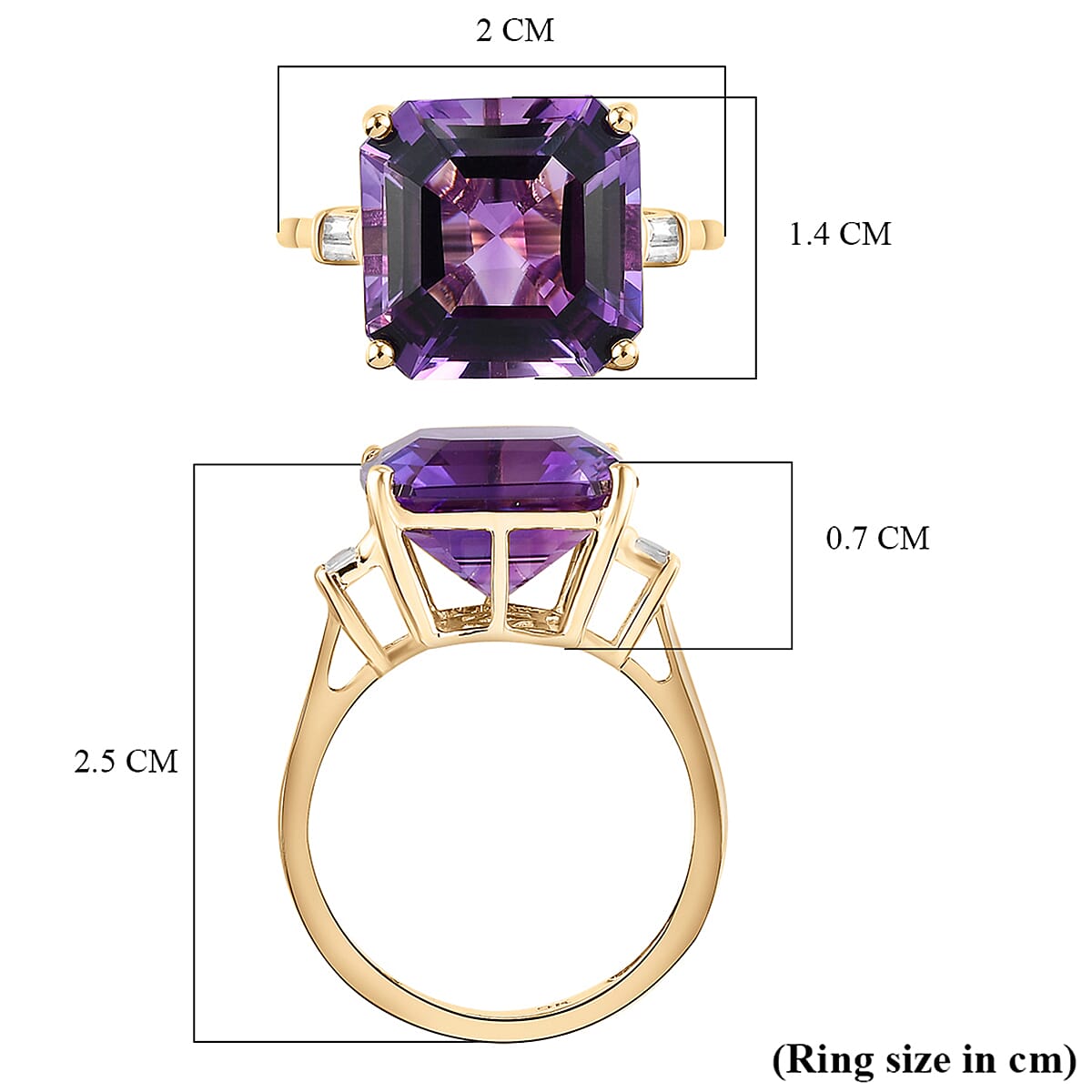 9K Yellow Gold Natural Moroccan Amethyst (Asscher 12x12 mm) and Natural Zircon Ring 7.67 Ct.