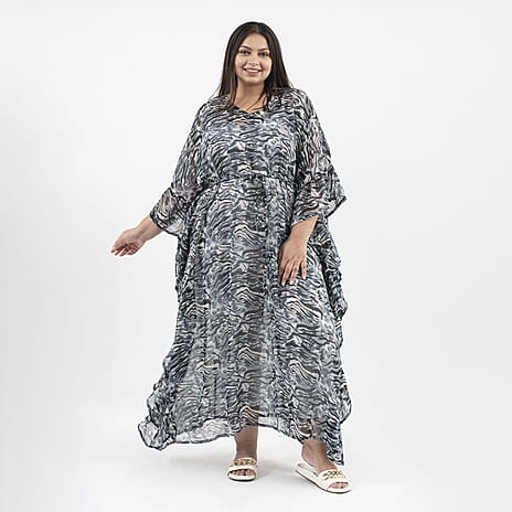 TAMSY Kaftan With Waist Tie Drawstring - Ruffle Hem (Size - One Size) - Black