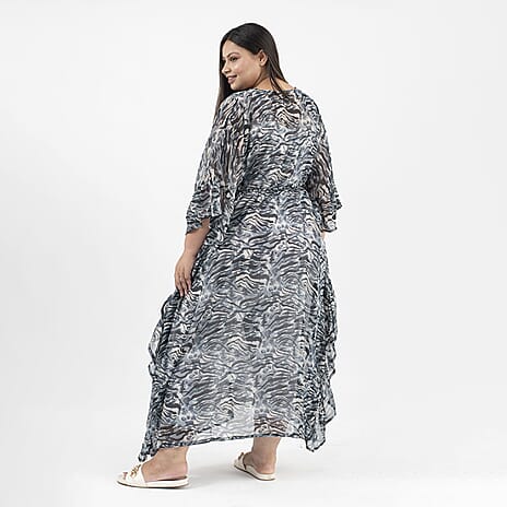 TAMSY Kaftan With Waist Tie Drawstring - Ruffle Hem (Size - One Size) - Black