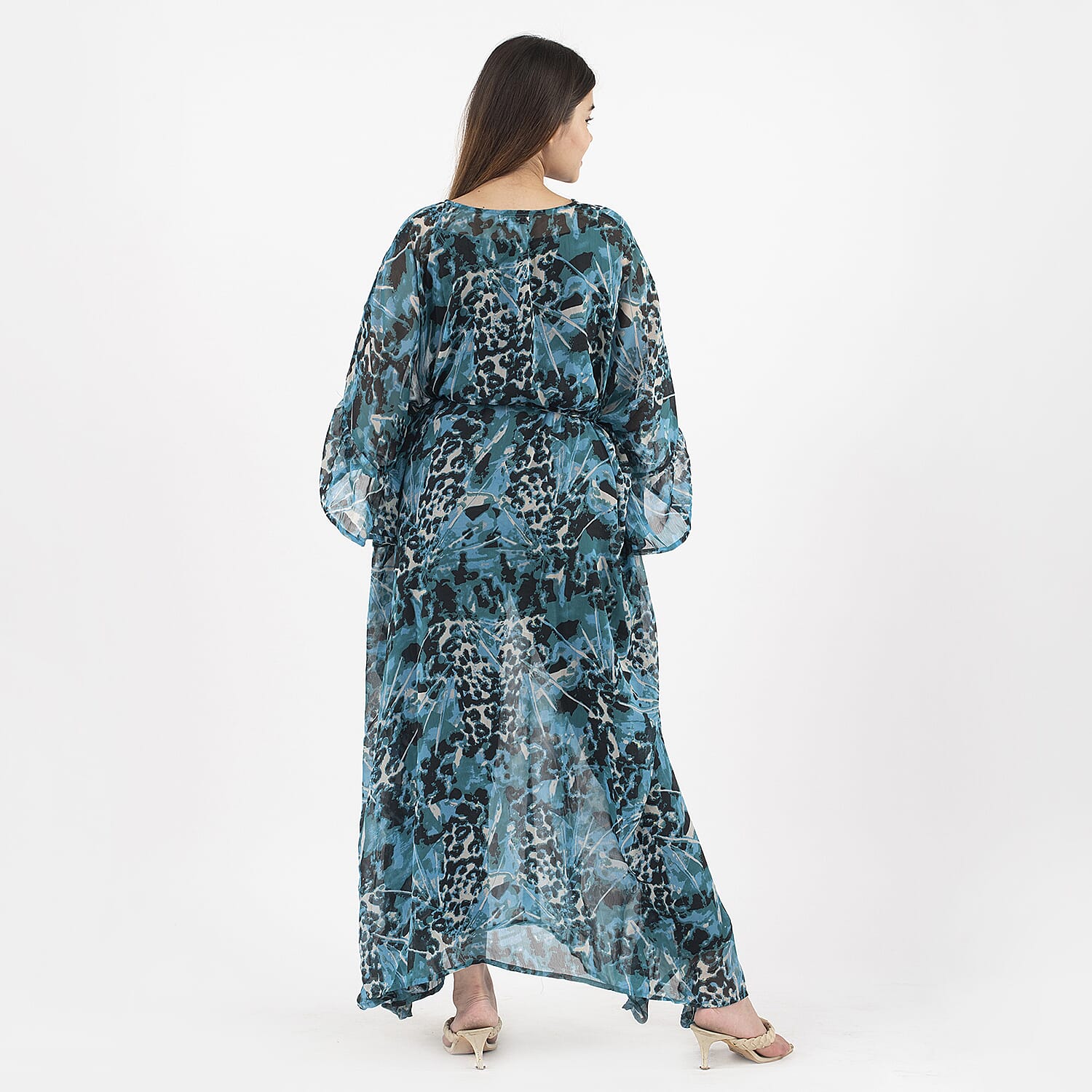 TAMSY Kaftan With Waist Tie Drawstring & Ruffle Hem (Size - One Size) - Turquoise