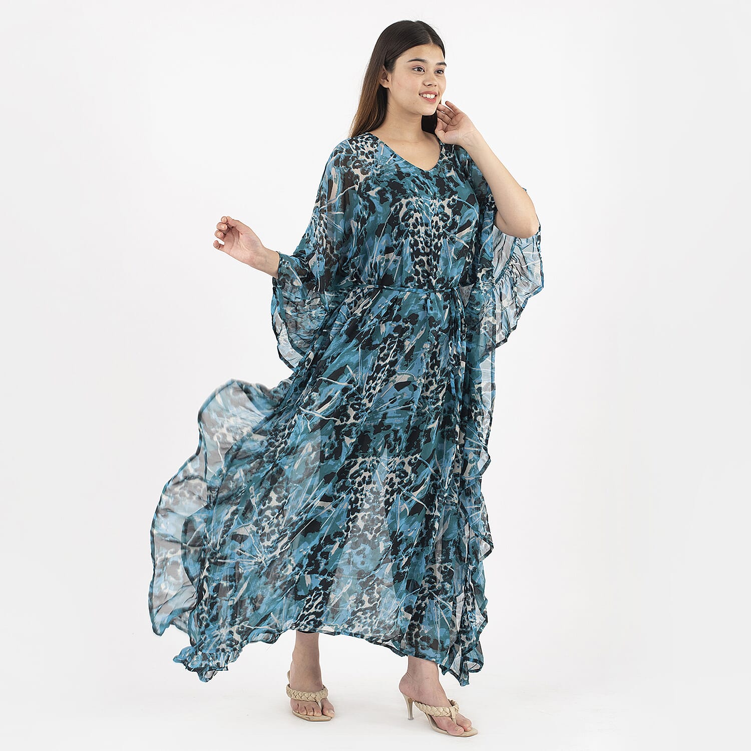 TAMSY Kaftan With Waist Tie Drawstring & Ruffle Hem (Size - One Size) - Turquoise