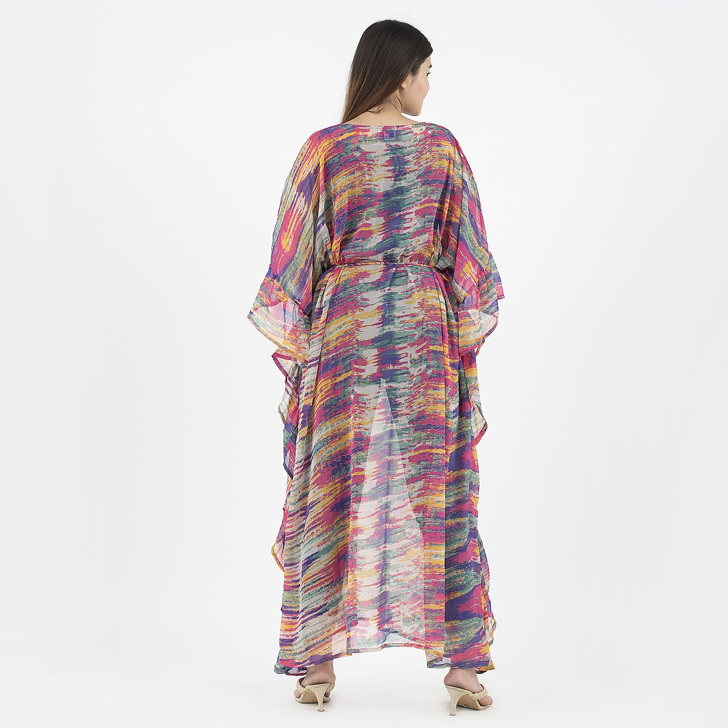 TAMSY Kaftan With Waist Tie Drawstring & Ruffle Hem (Size - One Size) - Multi Color