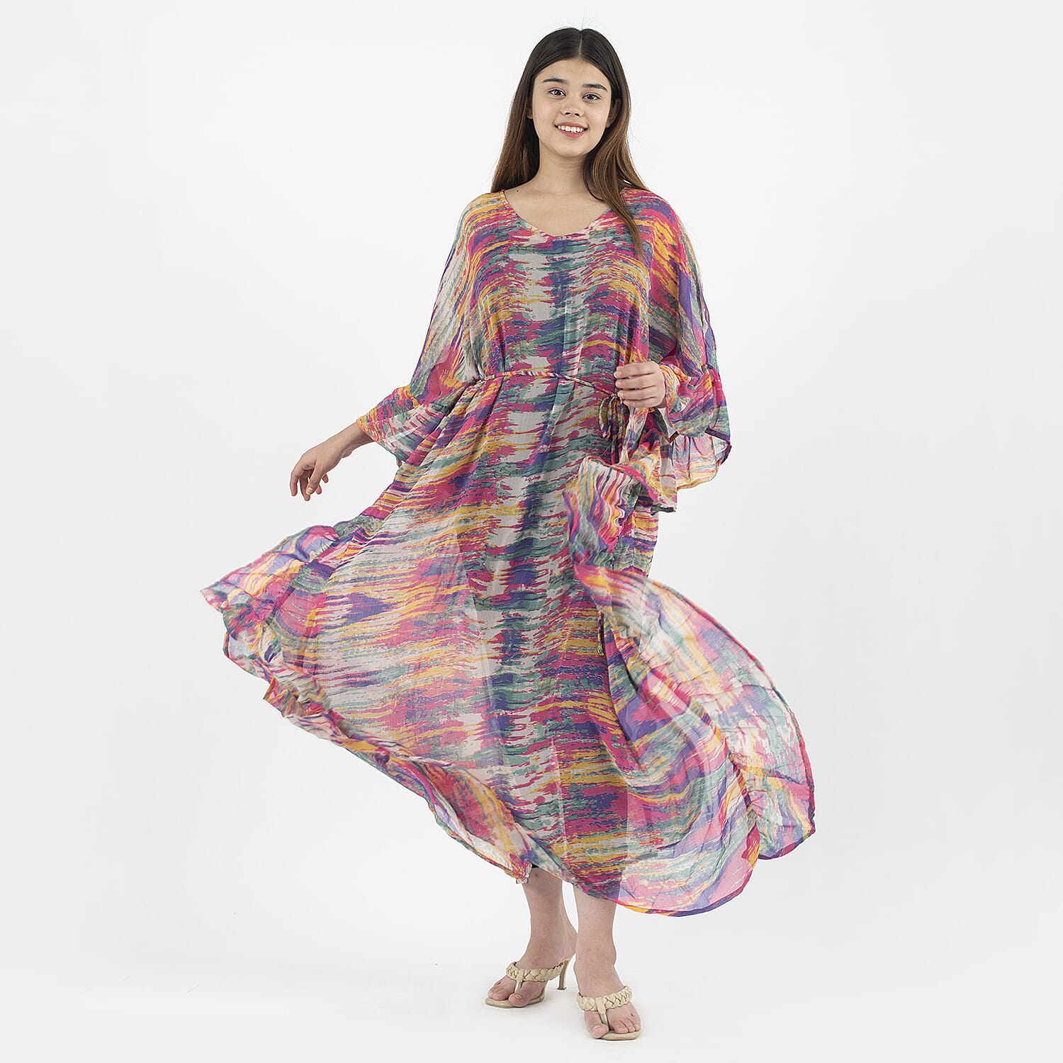 TAMSY Kaftan With Waist Tie Drawstring & Ruffle Hem (Size - One Size) - Multi Color
