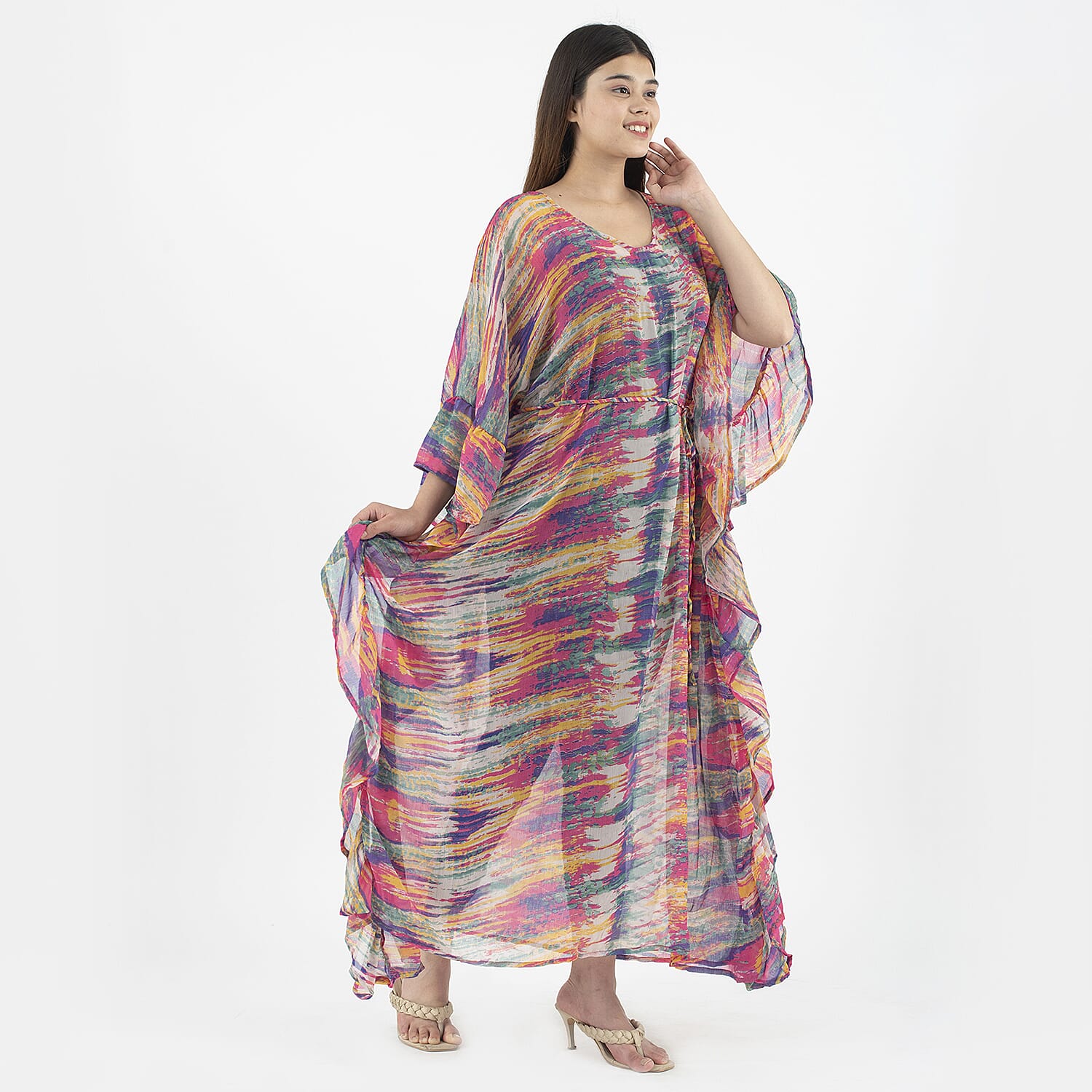 TAMSY Kaftan With Waist Tie Drawstring & Ruffle Hem (Size - One Size) - Multi Color