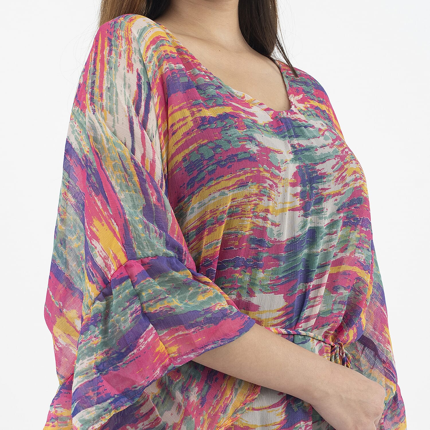 TAMSY Kaftan With Waist Tie Drawstring & Ruffle Hem (Size - One Size) - Multi Color