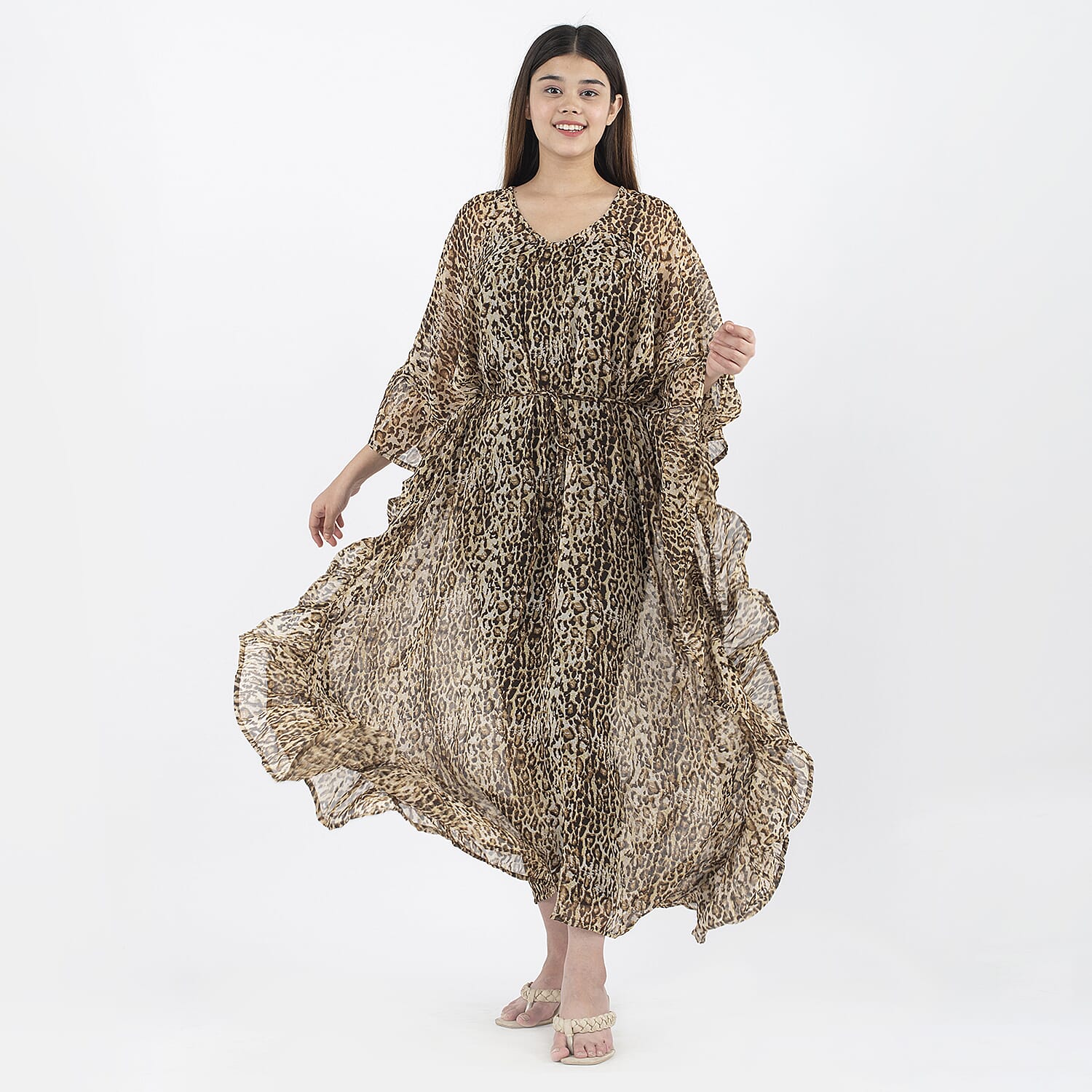 TAMSY Kaftan With Waist Tie Drawstring & Ruffle Hem (Size - One Size) - Brown