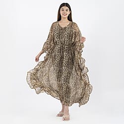 TAMSY Kaftan With Waist Tie Drawstring & Ruffle Hem - Black