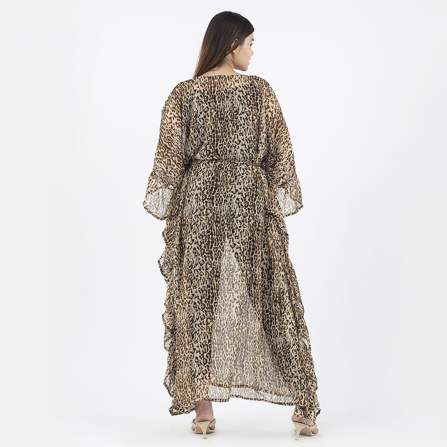 TAMSY Kaftan With Waist Tie Drawstring & Ruffle Hem (Size - One Size) - Brown