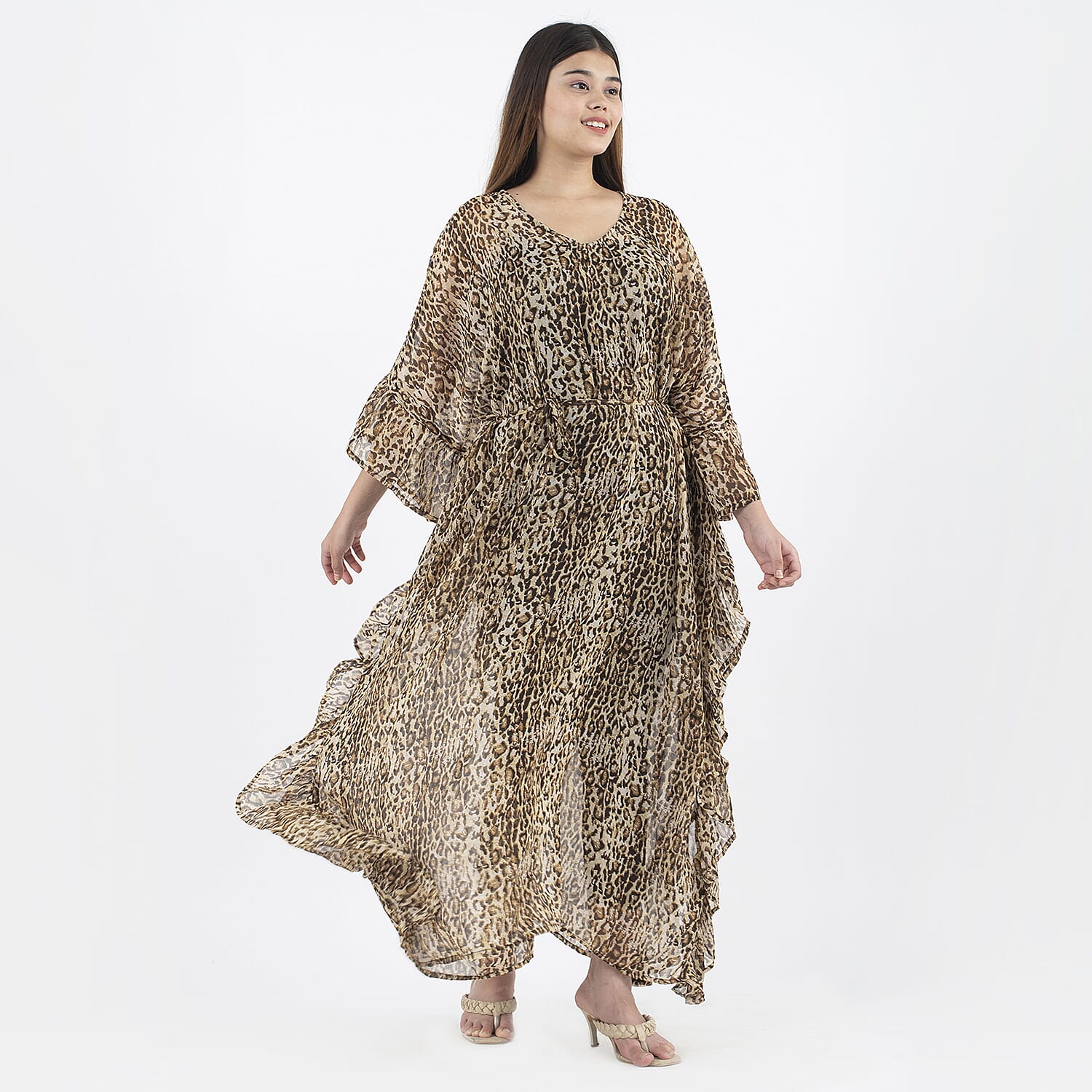 TAMSY Kaftan With Waist Tie Drawstring & Ruffle Hem (Size - One Size) - Brown